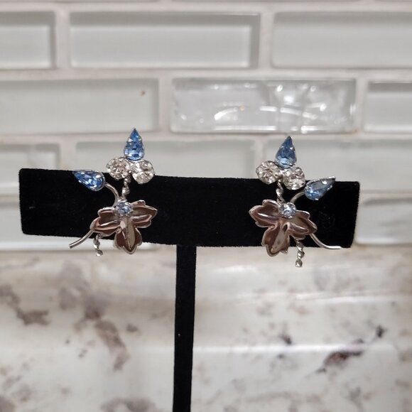 Vintage Sterling Silver Floral Earrings With Blue & Clear Rhinestones Screw Back - Picture 1 of 7